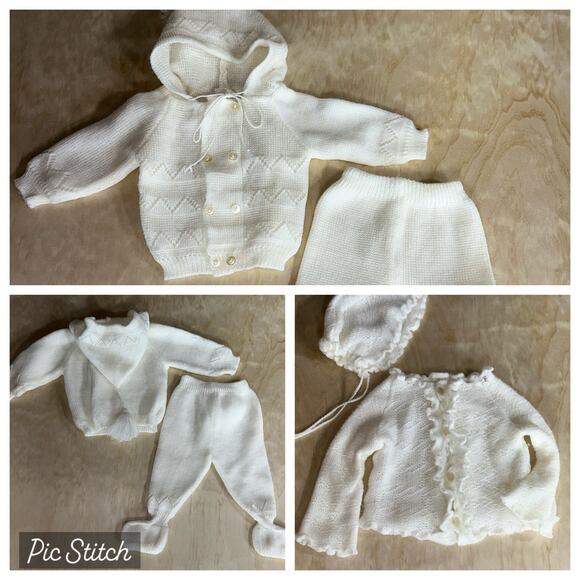 Unbranded Other - Vintage Baby Girl Knit Outfits Lot – Sweater Pants Set + Cardigan Bonnet Ivory